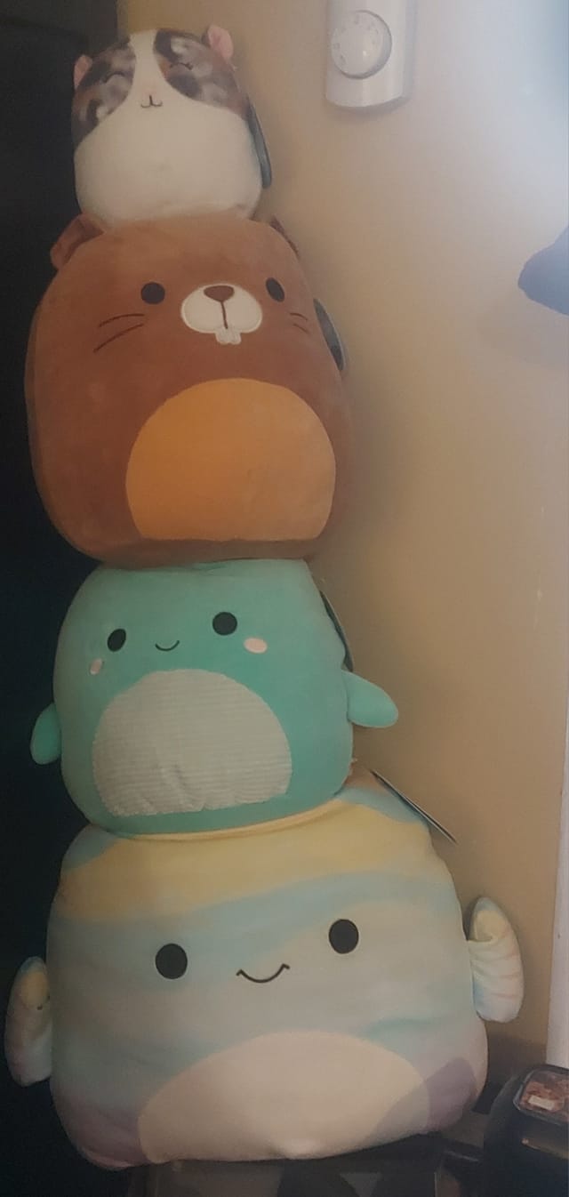 A tower of Squishmallows climbs from the floor to the height of a thermostat